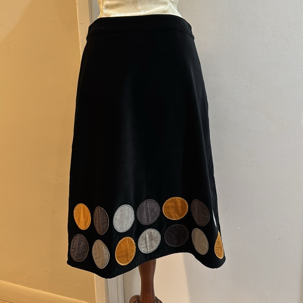 Boden Velvet Black Circle Appliqués Lined Side Zip Retro Funky Skirt 10 L